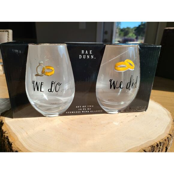 Rae Dunn Wedding glasses "We did" "We do"‎ Stemless Wine Glass Gift 19oz - Picture 1 of 4